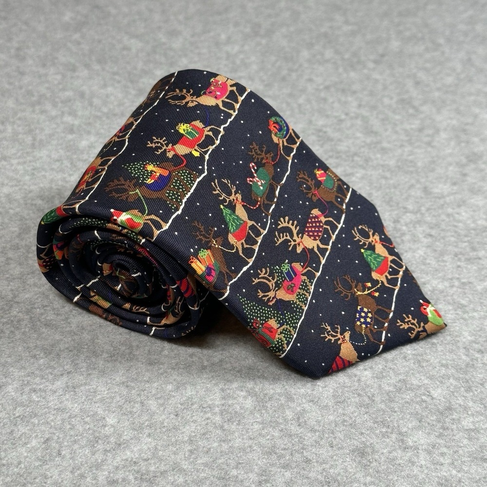 Alynn Neckwear Men's Silk Christmas Navy Tie "Christmas Reindeer" USA 57x3.75 in